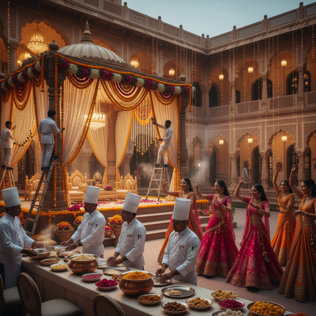 Indian wedding preparation — decoration, catering, and dancing in a grand palace courtyard